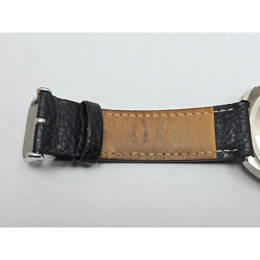 John Weitz JW209 Mens Day Date 24 Hour Black Dial Leather Wristwatch New Battery
